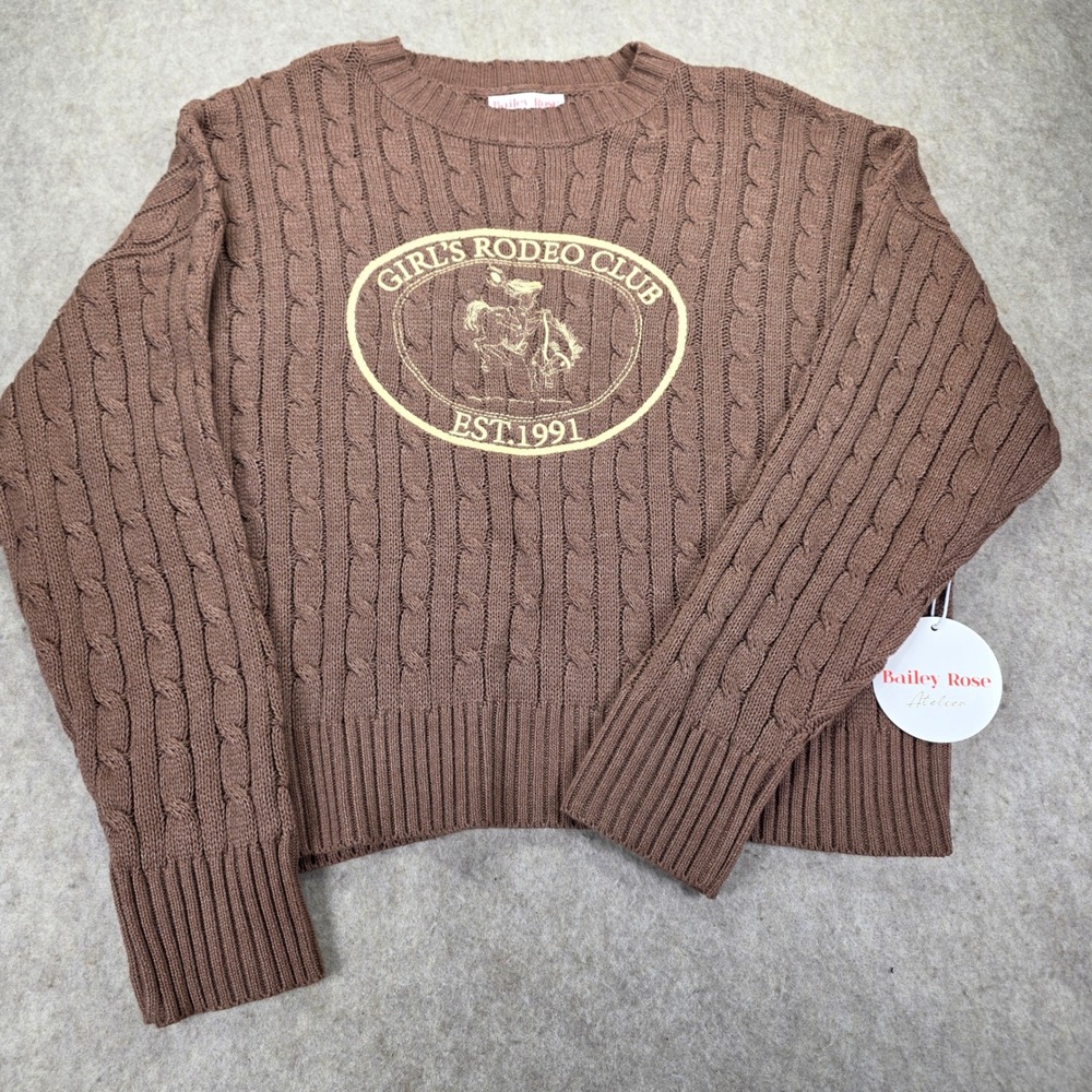 Bailey Rose Rodeo Club Sweater Brown Cable Knit Graphic Western Pullover Small